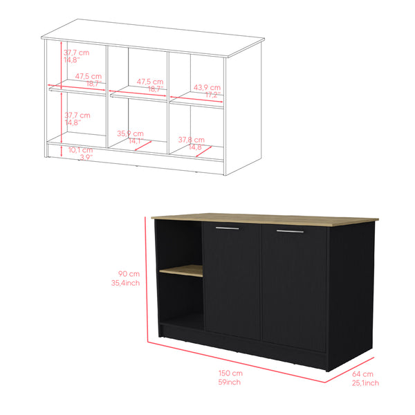 English Elm Kitchen Island Padua 59" Worktop Black/Macadamia with Open Shelves, Double-Door Cabinet Storage and Durable Finish B092S00170