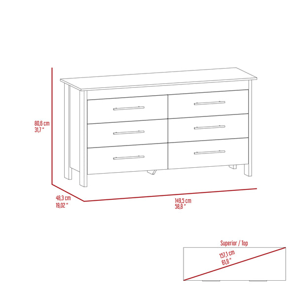 English Elm 6 Drawer Double Dresser Wezz Light Gray - Durable Particleboard, Black Metal Pulls, Smooth Gliders, 31.7" H B092S00141