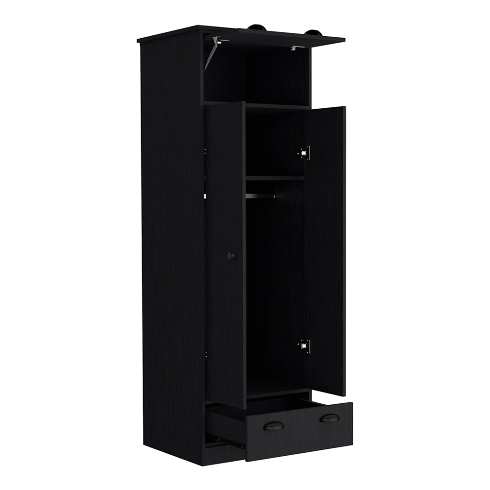 English Elm Armoire Dumas Slim Black Bedroom Wardrobe with Hanging Rod, Top-Hinged & Lower Drawers, Durable Build B092S00158