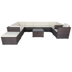 English Elm 11 Piece Patio Wicker Conversation Set with 10 Seats, Modular Layout, 3 Under-Seat Storage Boxes, Brown Wicker White Cushions W329S00047