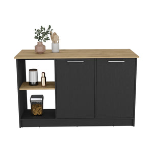 English Elm Kitchen Island Padua 59" Worktop Black/Macadamia with Open Shelves, Double-Door Cabinet Storage and Durable Finish B092S00170