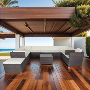 English Elm 11 Piece Patio Wicker Conversation Set with 10 Seats, Modular Layout, 3 Under-Seat Storage Boxes, Brown Wicker White Cushions W329S00047