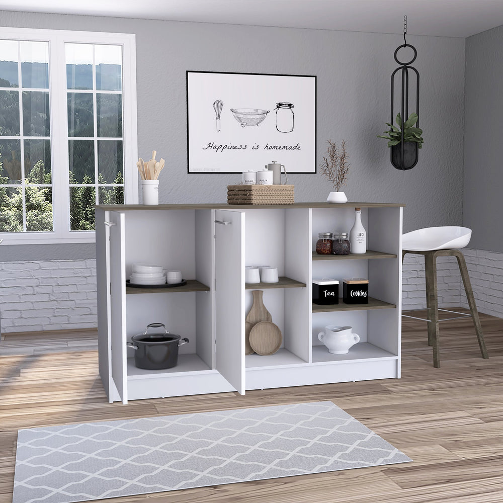 English Elm Kitchen Island Teramo White & Dark Brown – Durable Particle Board, 59" Countertop, Cabinets, Shelves, Metal Hardware B092S00127