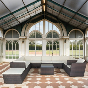 English Elm 11 Piece Patio Wicker Conversation Set with 10 Seats, Modular Layout, 3 Under-Seat Storage Boxes, Brown Wicker White Cushions W329S00047