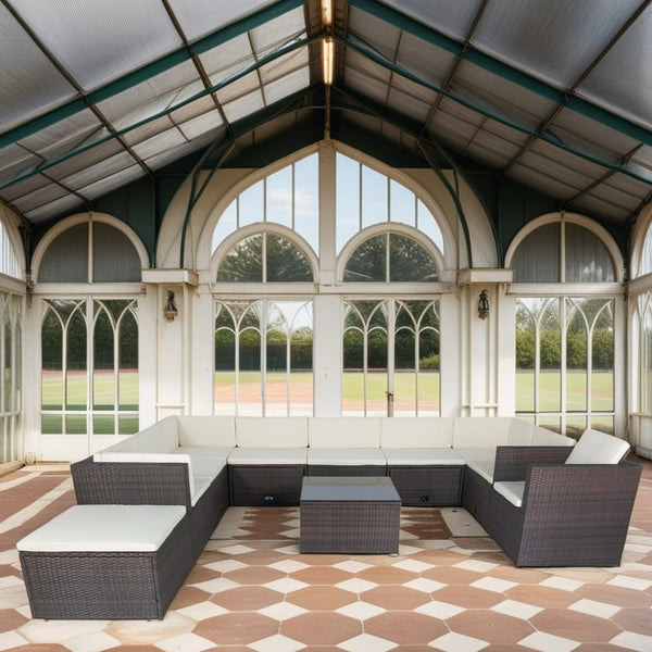 English Elm 11 Piece Patio Wicker Conversation Set with 10 Seats, Modular Layout, 3 Under-Seat Storage Boxes, Brown Wicker White Cushions W329S00047