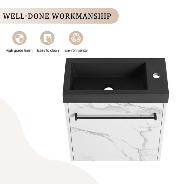 English Elm 20'' Floating Wall-Mounted Vanity with Resin Sink, Soft-Close Door & Open Shelves for Compact Baths White+Black W999P143207