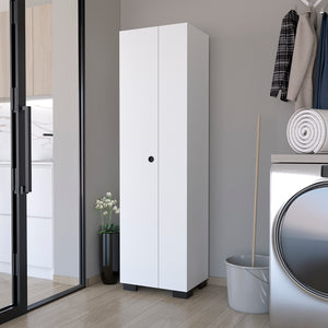 English Elm Broom Lucin Slim Garage Cabinet White — Space-Saving Tall Storage with Broom Hangers, Shelves, Durable Finish B092S00169