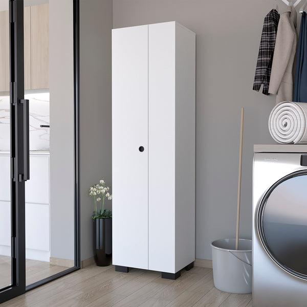 English Elm Broom Lucin Slim Garage Cabinet White — Space-Saving Tall Storage with Broom Hangers, Shelves, Durable Finish B092S00169