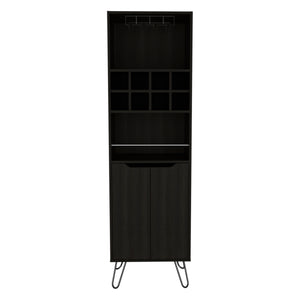 English Elm H Bar Cabinet Silhill Black - Modern Living Room Drink Storage Cabinet with 8 Open Shelves, 2 Interior Doors, Steel Legs B092S00121