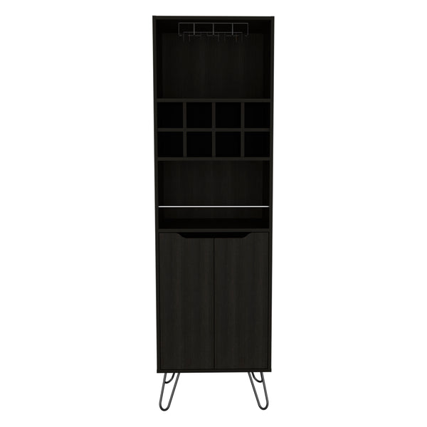 English Elm H Bar Cabinet Silhill Black - Modern Living Room Drink Storage Cabinet with 8 Open Shelves, 2 Interior Doors, Steel Legs B092S00121