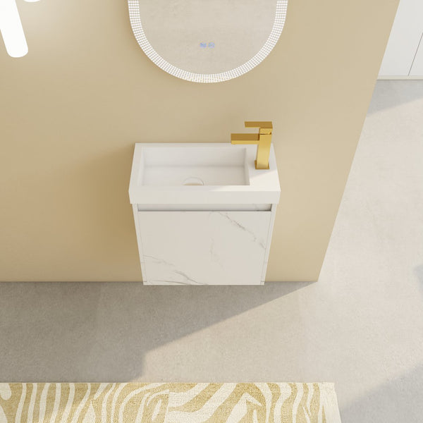 English Elm 20'' Floating Wall-Mounted Vanity with Resin Sink, Soft-Close Door & Open Shelves for Compact Baths White W999P143204