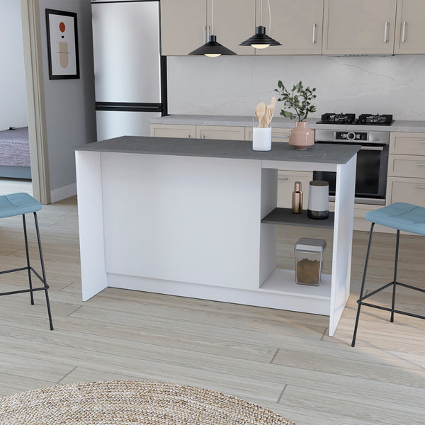 English Elm Kitchen Island Padua Solid Particle Board 59" Countertop 2 Open Shelves + Double-Door Cabinet, Onyx B092S00163