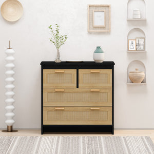 English Elm 4 Rattan 4-Drawer Cabinet Black — Stylish Storage for Bedroom, Living Room, Dining, Hallway, Easy Assembly W757137660