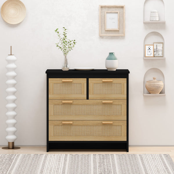 English Elm 4 Rattan 4-Drawer Cabinet Black — Stylish Storage for Bedroom, Living Room, Dining, Hallway, Easy Assembly W757137660