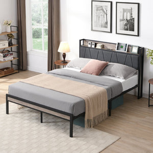 English Elm Full Size Upholstered Platform Bed Steel Frame Usb Port and Under Storage Bedroom W311133412