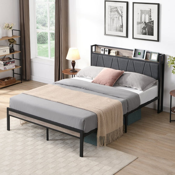 English Elm Full Size Upholstered Platform Bed Steel Frame Usb Port and Under Storage Bedroom W311133412