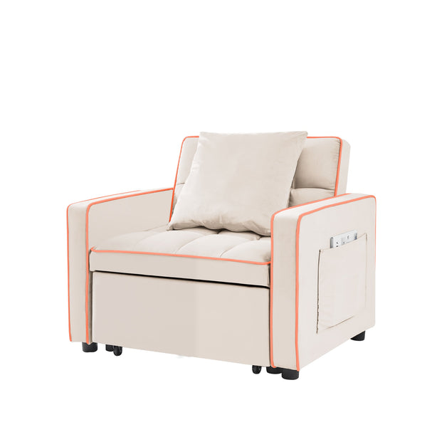 English Elm Three-in-one velvet sofa bed chair convertible recliner ottoman sleeper with tufted luxury comfort and support Creamy White W1359137405