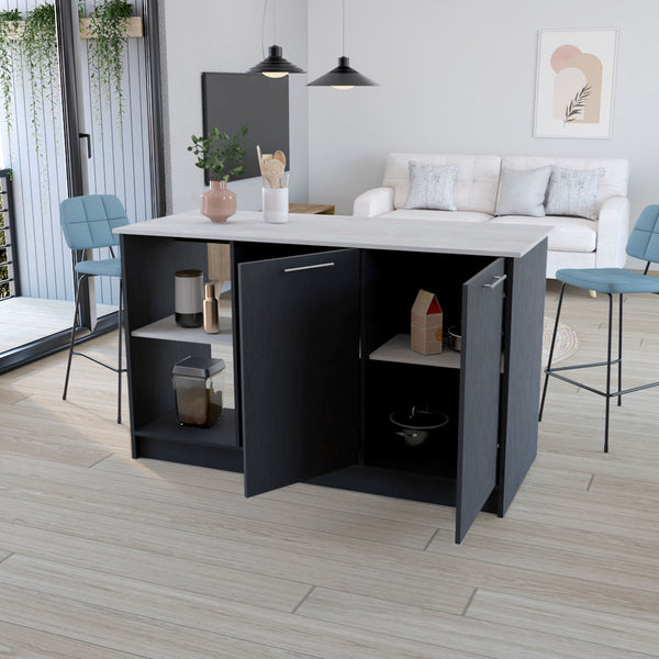 English Elm Kitchen Island Padua 59" Countertop onyx & black finish with open shelves, double-door storage, durable design B092S00171
