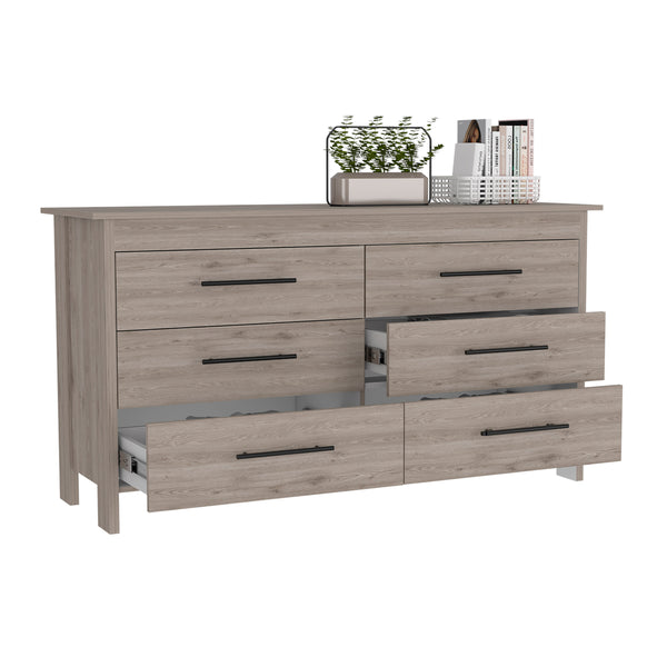 English Elm 6 Drawer Double Dresser Wezz Light Gray - Durable Particleboard, Black Metal Pulls, Smooth Gliders, 31.7" H B092S00141