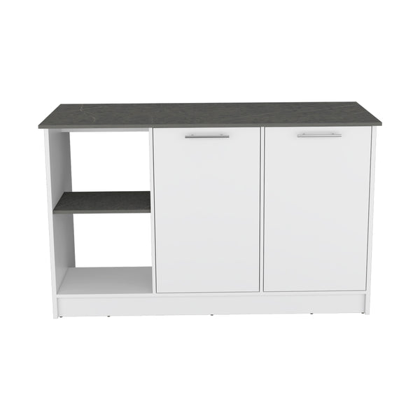 English Elm Kitchen Island Padua Solid Particle Board 59" Countertop 2 Open Shelves + Double-Door Cabinet, Onyx B092S00163