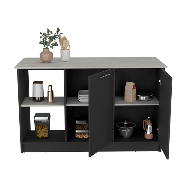 English Elm Kitchen Island Padua 59" Countertop onyx & black finish with open shelves, double-door storage, durable design B092S00171