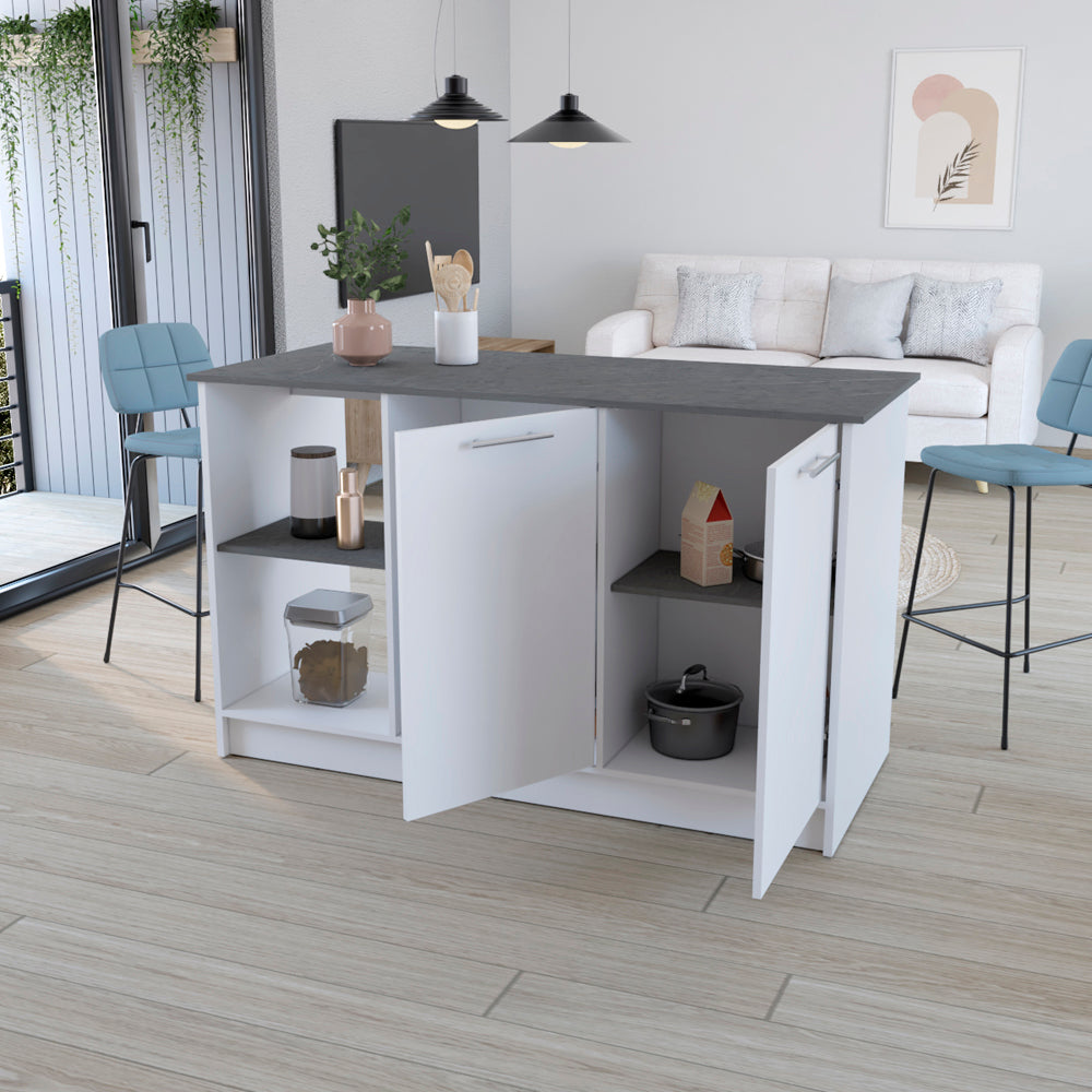 English Elm Kitchen Island Padua Solid Particle Board 59" Countertop 2 Open Shelves + Double-Door Cabinet, Onyx B092S00163
