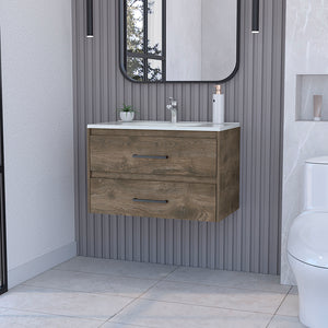 English Elm Wall Mounted Bathroom Vanity Alma - Dark Brown/White Wall-Mount Sink Cabinet with Two Drawers, Durable Particleboard Storage (36"x22") B092S00159