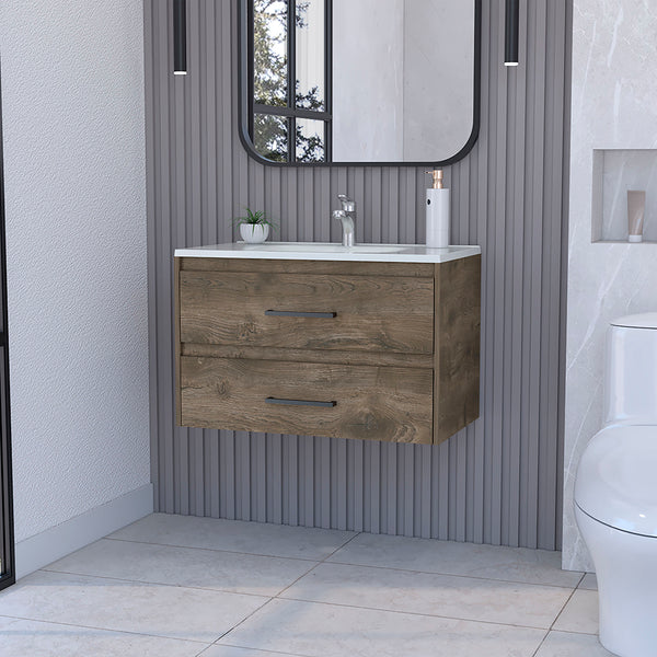English Elm Wall Mounted Bathroom Vanity Alma - Dark Brown/White Wall-Mount Sink Cabinet with Two Drawers, Durable Particleboard Storage (36"x22") B092S00159