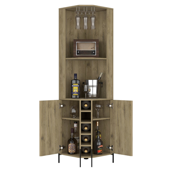 English Elm Corner Corner Bar Cabinet Shopron Aged Oak Beige - Space-Saving Wine Rack, Cup Holder, Dual Cabinets and Shelves for Living Room (44x22x3) B092S00120