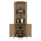 Rustic Corner Bar Cabinet with Wine Cubbies, Cup Rack, and Two Cabinets - Aged Oak - 17.70 x 17.70 x 70.80