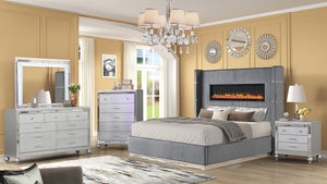English Elm LIZZELLE King 5PC Bedroom Set with Velvet Upholstery, LED Fireplace Display, USB Bluetooth Speakers B009S01233