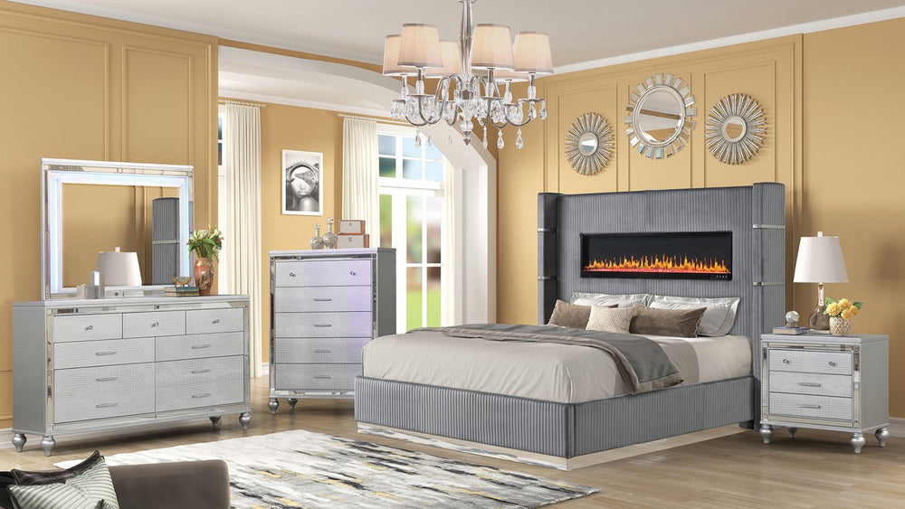 English Elm LIZZELLE King 5PC Bedroom Set with Velvet Upholstery, Ambient Fireplace Display, USB, Bluetooth Speakers B009S02099