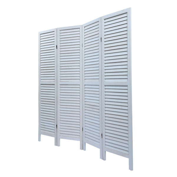 English Elm Sycamore 4-Panel Folding Louvered Room Divider in Old White — Lightweight Sycamore Wood Screen, 63.6" W2181P146770
