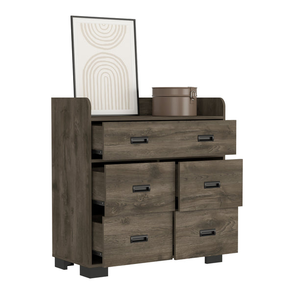 English Elm Dresser Wuuman Dark Brown - 5-Drawer Bedroom Storage, Particle Board, Durable Top, 33.5"W x 35.4"H B092S00147