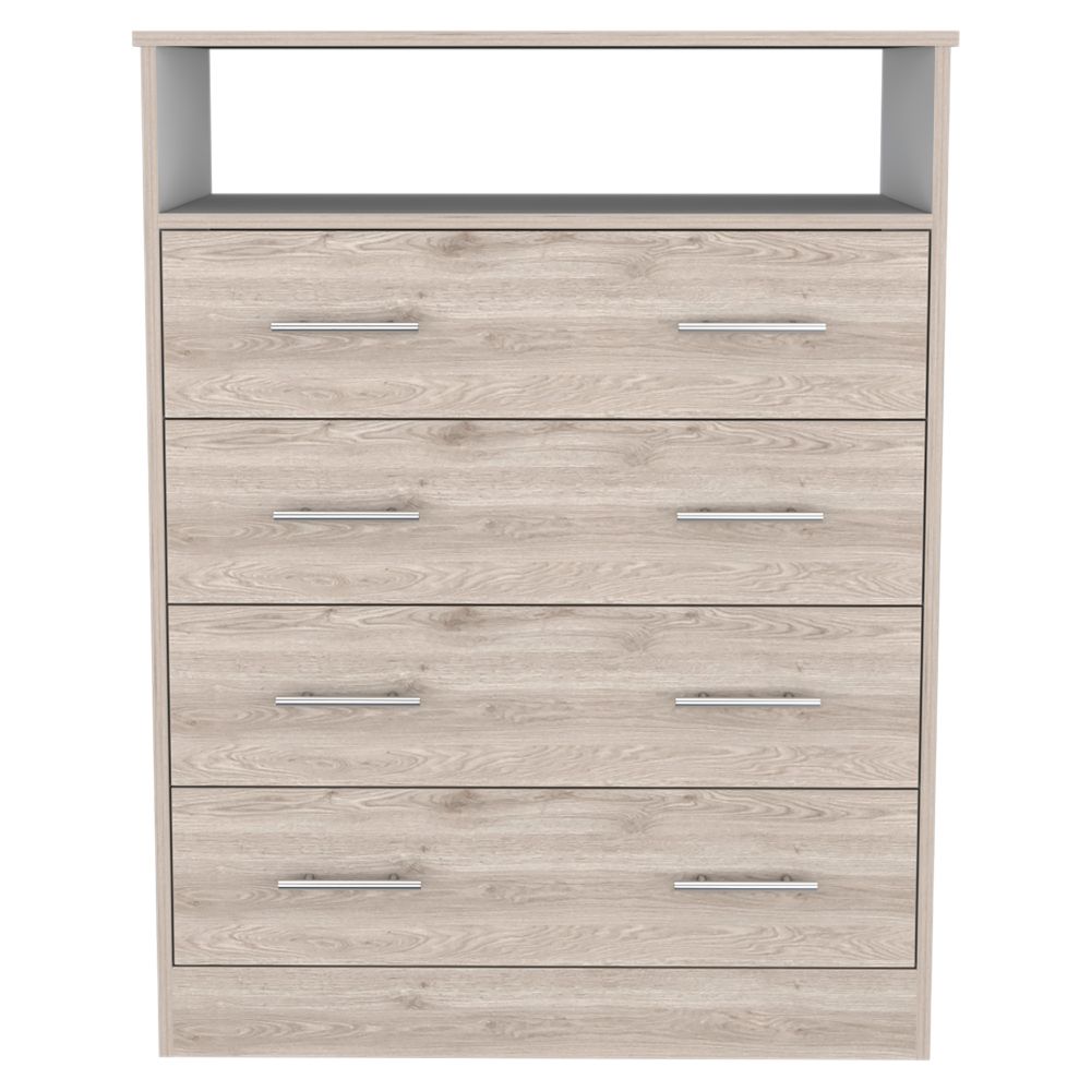 English Elm Four Drawer Wuju Dresser in Light Gray White – 4-Drawer Bedroom Chest with Open Shelf, Metal Hardware, Durable Particleboard Storage B092S00145