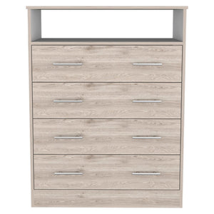 English Elm Four Drawer Wuju Dresser in Light Gray White – 4-Drawer Bedroom Chest with Open Shelf, Metal Hardware, Durable Particleboard Storage B092S00145