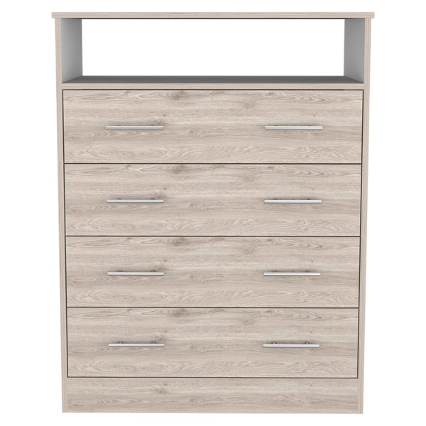 English Elm Four Drawer Wuju Dresser in Light Gray White – 4-Drawer Bedroom Chest with Open Shelf, Metal Hardware, Durable Particleboard Storage B092S00145
