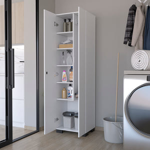 English Elm Broom Lucin Slim Garage Cabinet White — Space-Saving Tall Storage with Broom Hangers, Shelves, Durable Finish B092S00169