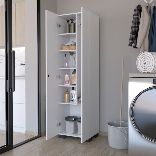 English Elm Broom Lucin Slim Garage Cabinet White — Space-Saving Tall Storage with Broom Hangers, Shelves, Durable Finish B092S00169