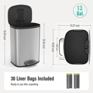 English Elm Curved Kitchen Trash Can 50L 13 Gallon Foot Pedal Soft-Close Stainless Steel Trash Bin, Sleek Design Silver W1550137561