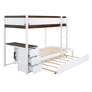 English Elm Twin-over-twin Bunk Bed with Trundle Built-in Desk Storage Drawers and Power Outlets White+Walnut LT000363AAD