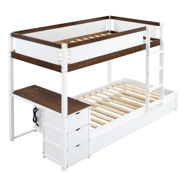 English Elm Twin-over-twin Bunk Bed with Trundle Built-in Desk Storage Drawers and Power Outlets White+Walnut LT000363AAD-1