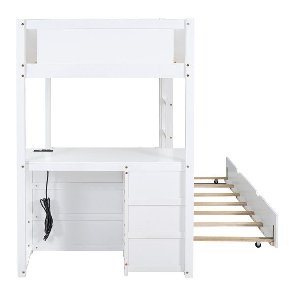English Elm Twin-over-twin Bunk Bed with Trundle Built-in Desk Storage Drawers and Power Outlets White LT000363AAK-1