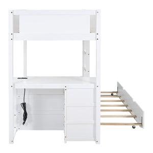 English Elm Twin-over-twin Bunk Bed with Trundle Built-in Desk Storage Drawers and Power Outlets White LT000363AAK