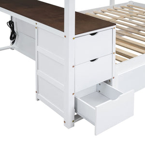 English Elm Full-over-full Bunk Bed with Trundle Desk Drawers and Built-in Power for Kids White+Walnut LT000364AAD