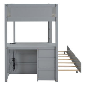 English Elm Twin-over-twin Bunk Bed with Trundle Built-in Desk Storage Drawers and Power Outlets Gray LT000363AAE