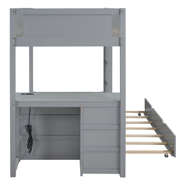 English Elm Twin-over-twin Bunk Bed with Trundle Built-in Desk Storage Drawers and Power Outlets Gray LT000363AAE-1