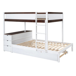English Elm Full-over-full Bunk Bed with Trundle Desk Drawers and Built-in Power for Kids White+Walnut LT000364AAD