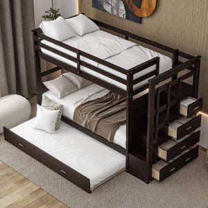 English Elm Twin Bunk Bed with Trundle Staircase Storage Drawers Solid Pine Kids Room LT000068AAP-1
