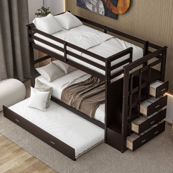 English Elm Twin Bunk Bed with Trundle Staircase Storage Drawers Solid Pine Kids Room LT000068AAP-1